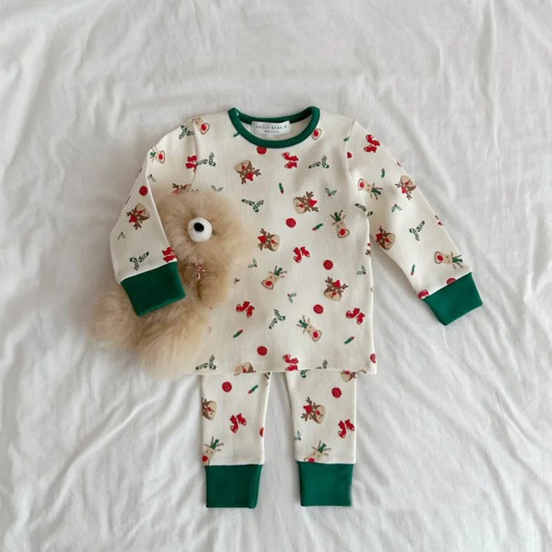 Spring Baby Clothing Christmas Pajamas Baby Deer Printed Bottom Shirt Pants 2PCS Set Preschool Year Pajamas Set 250314