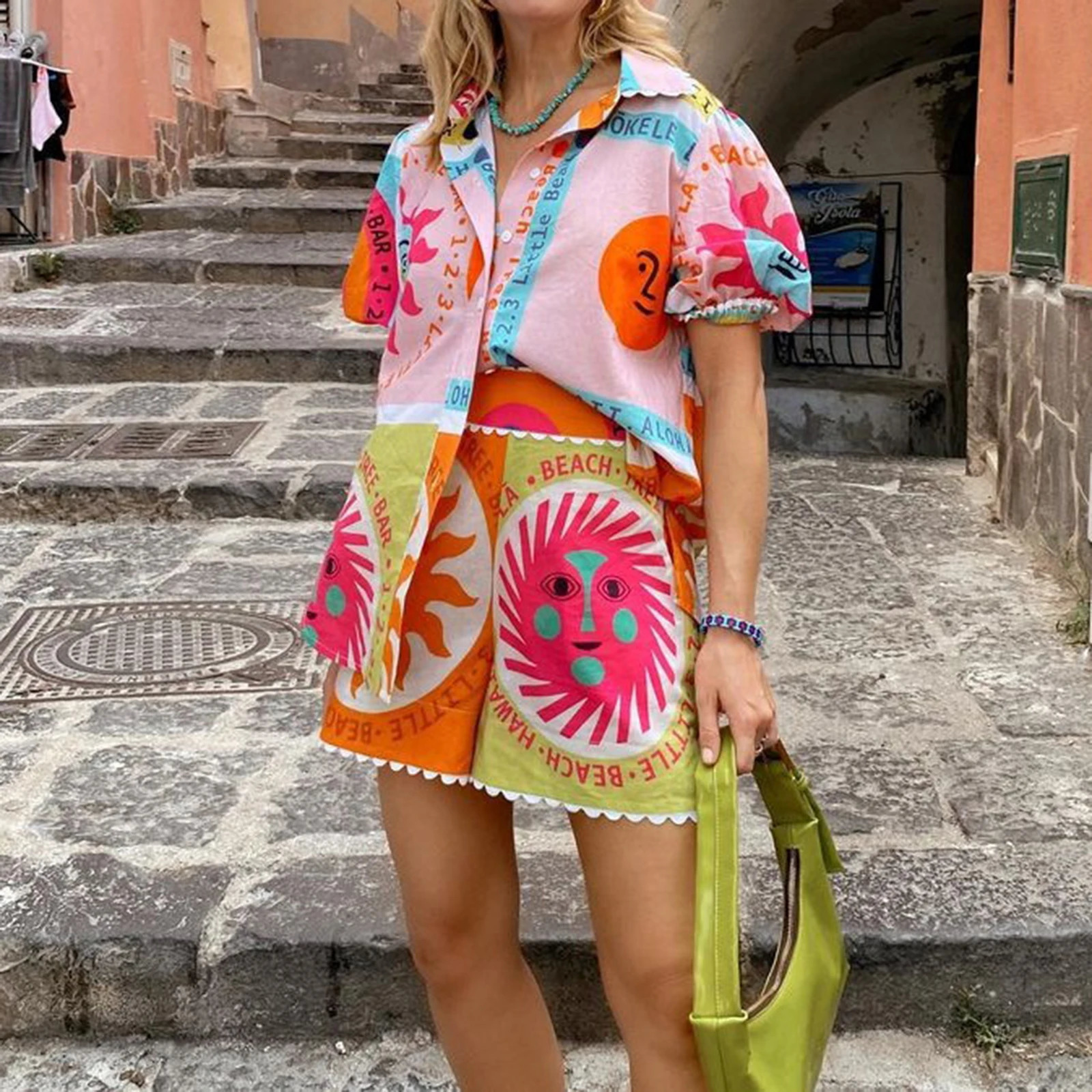 Hirigin Womens Bohemian 2piece Linen Set Tropical Short Sleeve Button Down Shirt Wide Leg Shorts Matching Vacation 250313