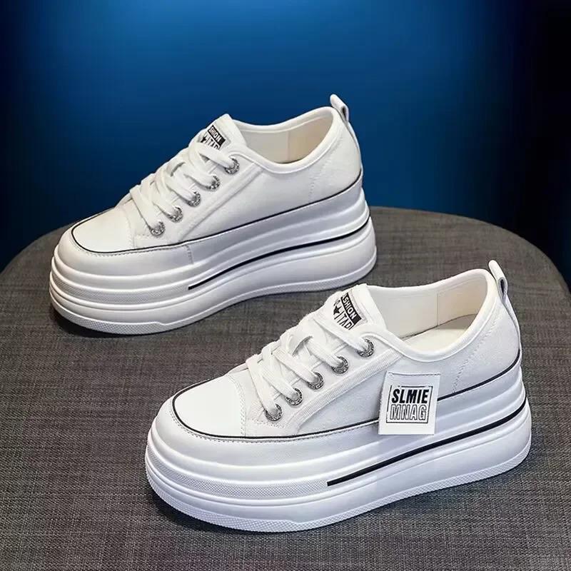 Leisure canvas shoes womens solid color thick soled sports wedge high heels increase breathability vulcanized women 250310