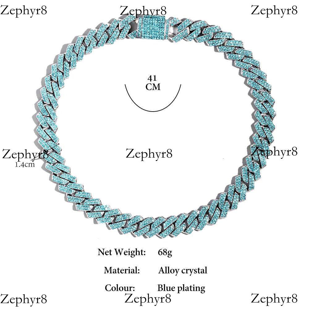 Hip Hop Blue AAA Rhie k Necklace For Men Women Punk 14MM Prong Cuban Chain Necklaces Rock Party Jewelry
