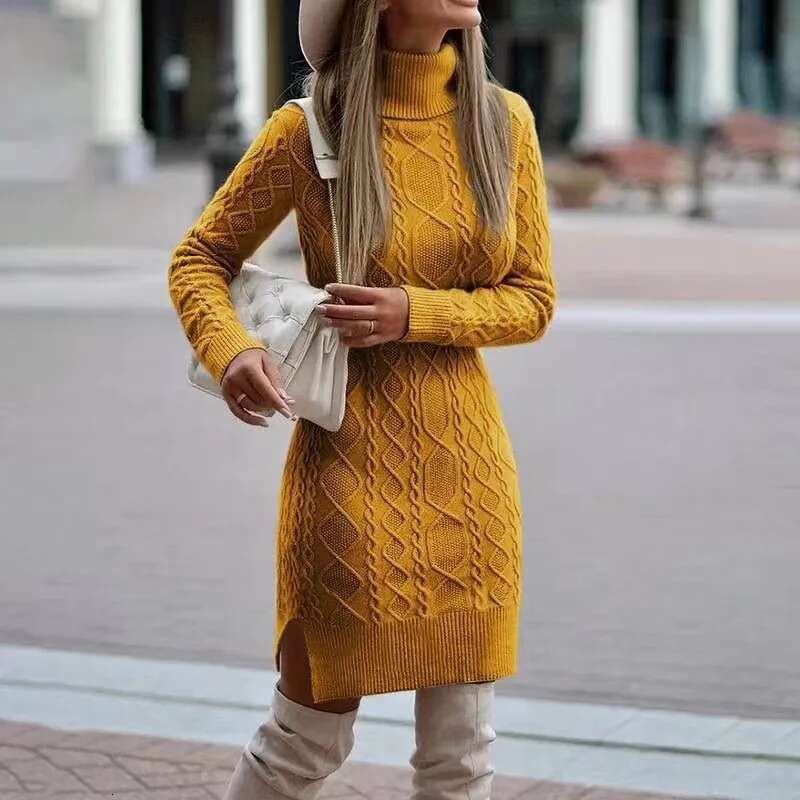 2024 Autumn Winter New Women's Wrap Hip Skirt High Neck Warm And Thickened Elegant Knitted Sweater Long Sleeve Dress