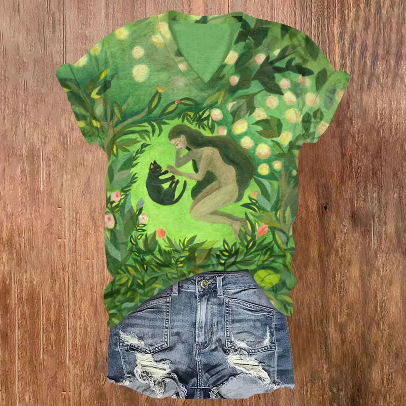 Hot Selling Printed Short Sleeved Style 3D Digital Cat Print Women's Clothing Simple V-Neck T-Shirt For Women