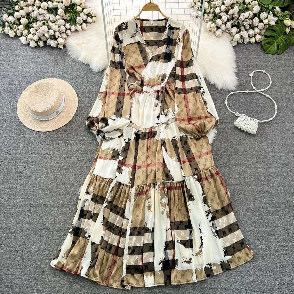Chic Print Elegant Women Long Sleeve Lace Up Loose Maxi Dress A-E High Waist Holiday Party Female New Autumn Fashion Robe Za
