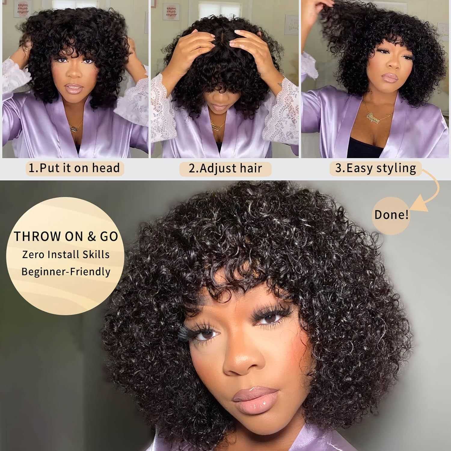 Jerry Curly Short Bob Human Hair Wigs With Bangs Wear To Go Glueless Wig Highlight Honey Water Wave Blonde Colored Wig For Women M250315