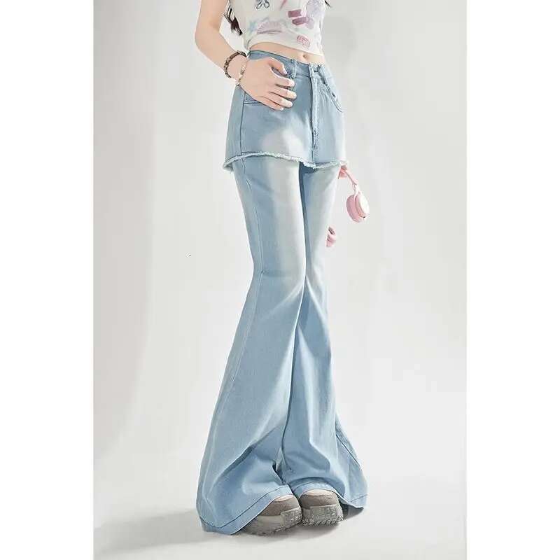 Summer New Korean Fashion Fake Two Piece Spliced Skirt High Waist Slimming Straight Pants Flare Jeans Women Clothing
