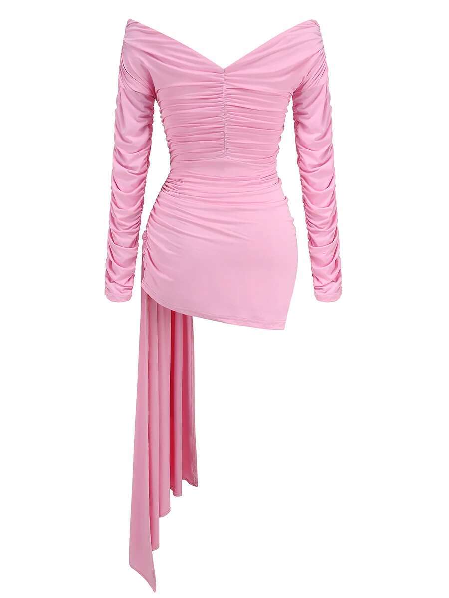 Birthday Dresses 2024 Autumn Long Sleeve Party Dress Sexy Hollow Out Evening Gowns Fashion Pink Prom Gown Woman Clothes