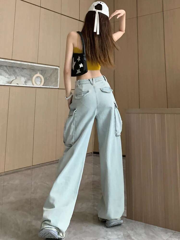 American Blue Hole Denim 2024 Summer Women's Street Retro Low Waist Jeans Spicy Girl Wide Leg Pants Loose Long Pant