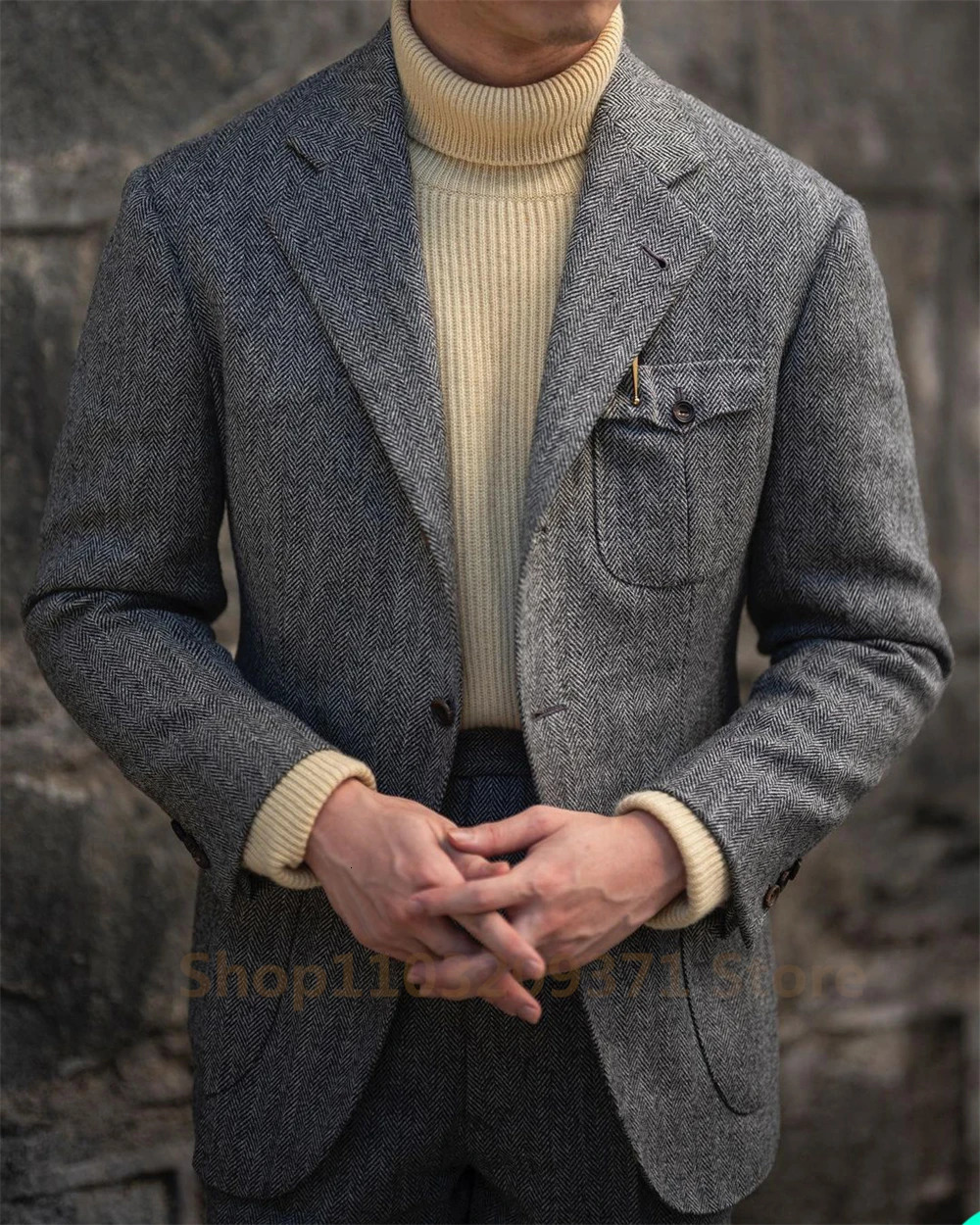 Mens Suit Brown Blazer Prom Tuxedos Herringbone Wool Tweed Single Breasted Formal Bussiness Jacket for WeddingOnly Coat 250313
