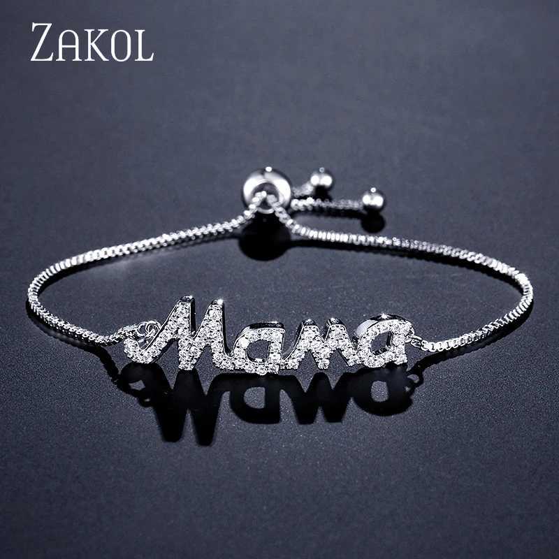 ZAKOL Exquisite Mom Letter CZ Bracelet Womens Sparkling Micro paved Zirconia Gold Color Adjustable Chain Bracelet GiftXJ250315