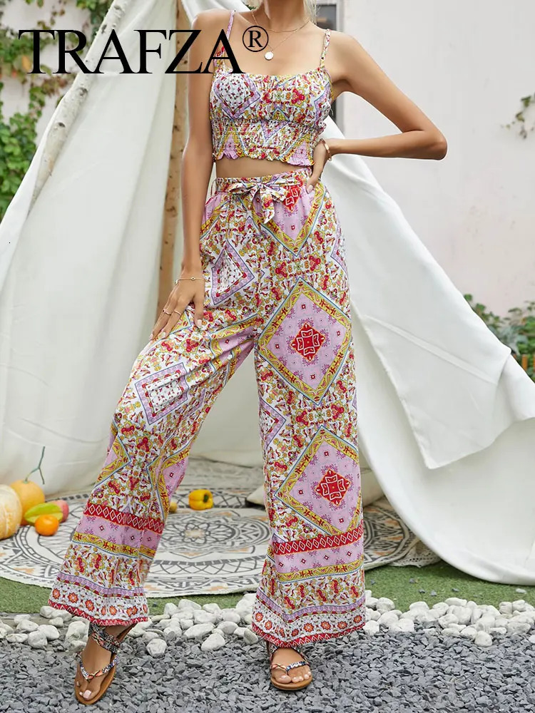TRAFZA Womens Retro Geometric Print Set Sleeveless Sling Elastic Bottom TopHigh Waist Lace Wide Leg Spring Ethnic Style 250313