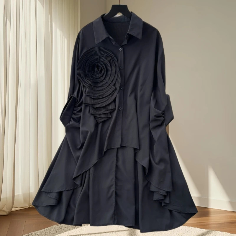 2025EuropeanClothesLooseBlouseChicTurndown CollarIrregularThree-dimensional flowersWomenBatwing SleeveTops41293 250310
