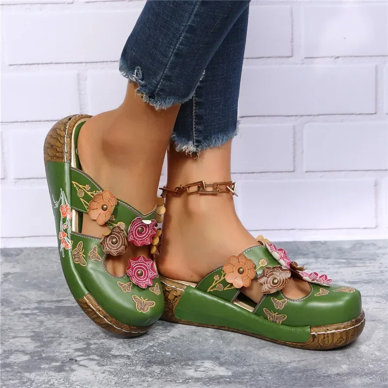 Summer Retro Plum Blossom Baotou Slippers Womens Fashion Totem Thick Sole Anti Slip Sandals Outdoor Beach Flat Casual Shoes 250314