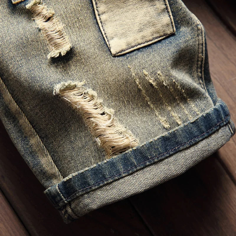 ly opened denim shorts for summer mens retro straight hole patch plain weave hiphop fashion knee length pants 250313