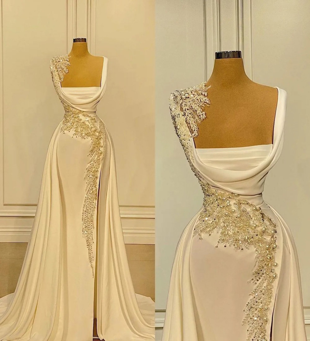 Prom Gown Evening Dresses Party Mermaid Sleeveless Crystal Applique Sequins Satin Plus Size Zipper Lace Up New Custom Square Pleat Ivory