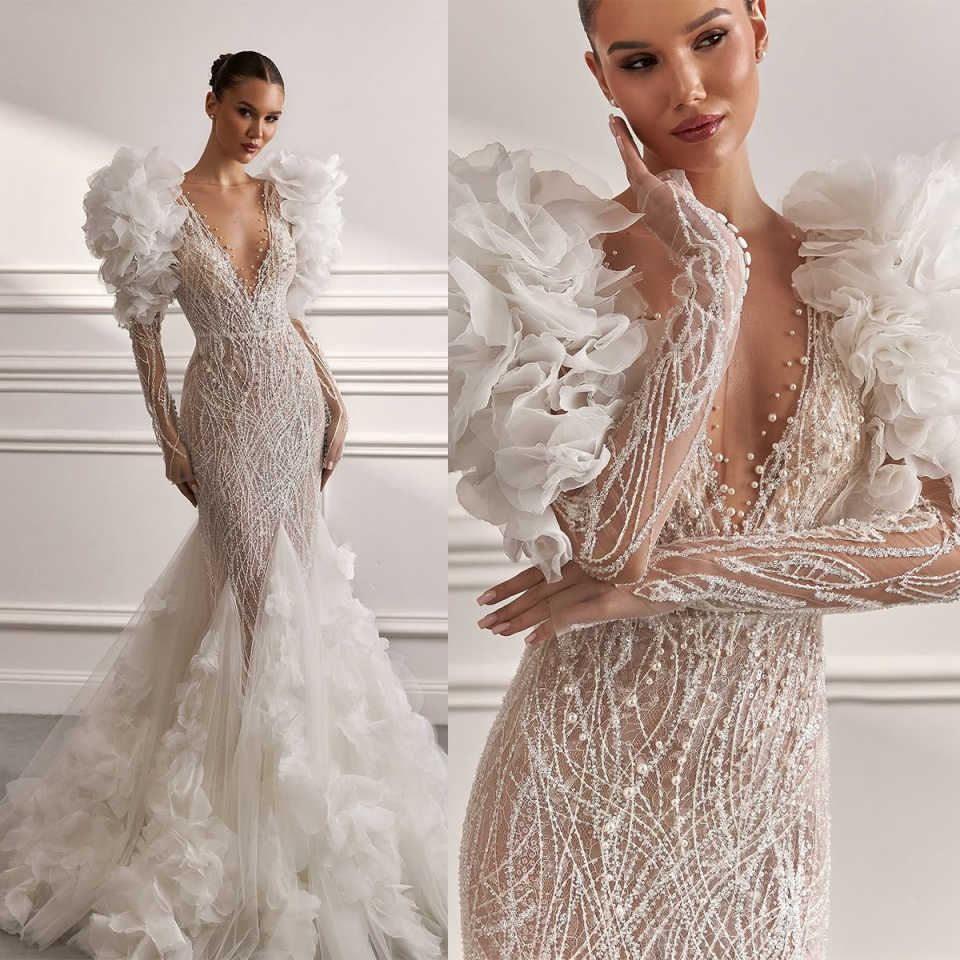Exquisite Mermaid Wedding Dress Elegant Bride Dresses Tulle 3D-Appliques Slim Fit Ball Gown Bridal Gowns Dress Customized Party & Events H241863