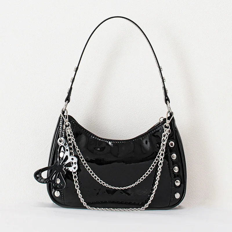Fashion Y2K Women Chain Rivet Shoulder Bags Female Butterfly PU Leather Zipper Underarm Bags Cool Girls Punk Handbags Purse 250314