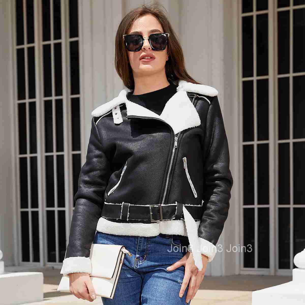 Fashion Autumn/winter Fur Integrated Warm Womens Suede Jacket Leather Coat Womens Lapel Coat with Belt
