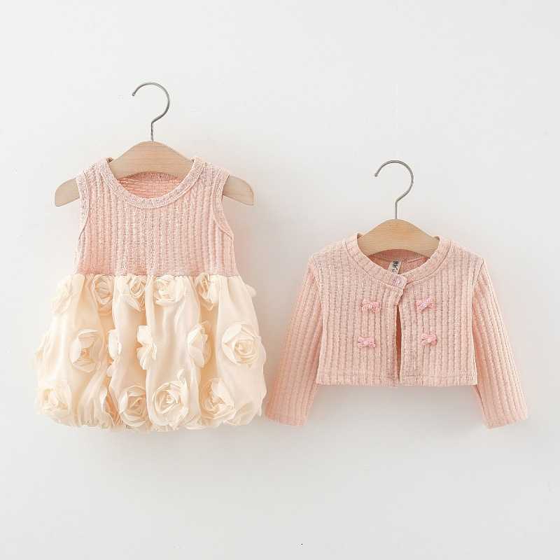 Girl's Dresses Children's clothing, girls' skirt set, spring and autumn children's baby knitted cardigan+rose bud princess skirt t