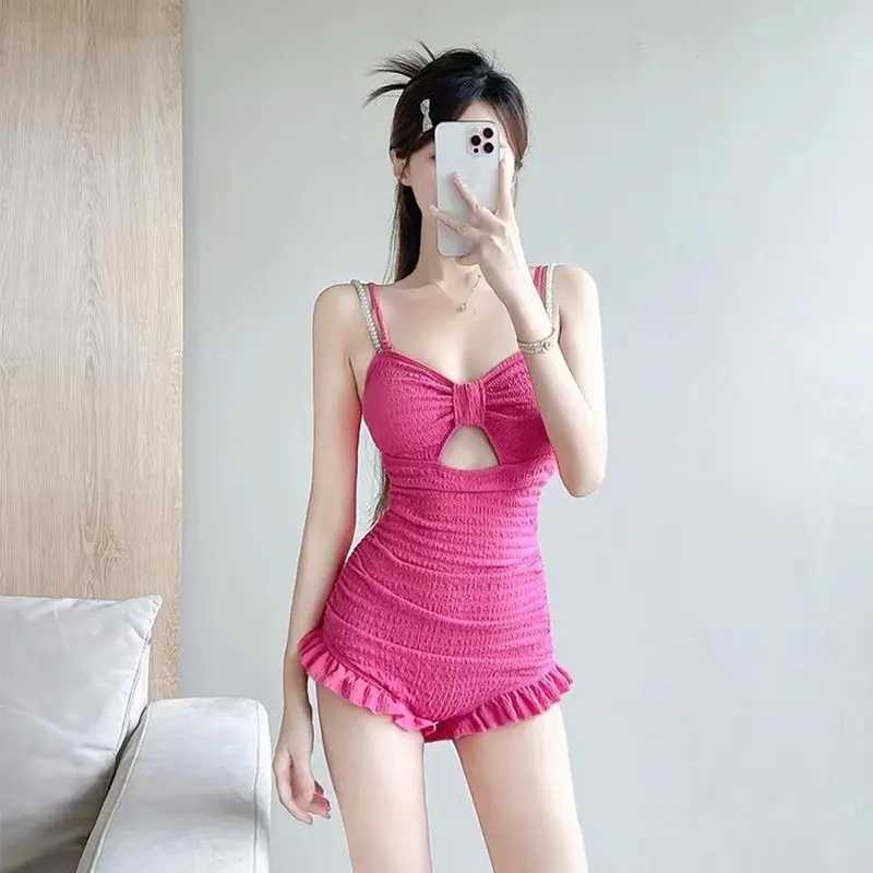 New One-piece Swimsuit Fairy Beach Ins Ears Pearl Suspender Hollow Bow Dopamine Vacation Hot SpringXJ250315