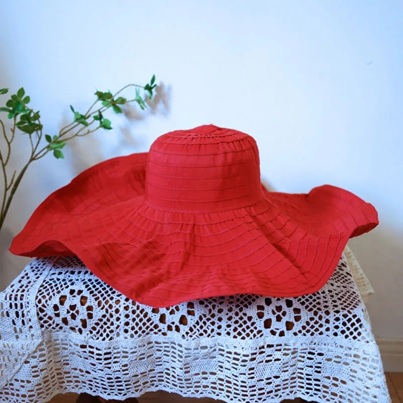 Womens 20cm large Brim sun hat cute shape cotton ribbon hat red and black summer hat foldable beach hat party dress hat 250314
