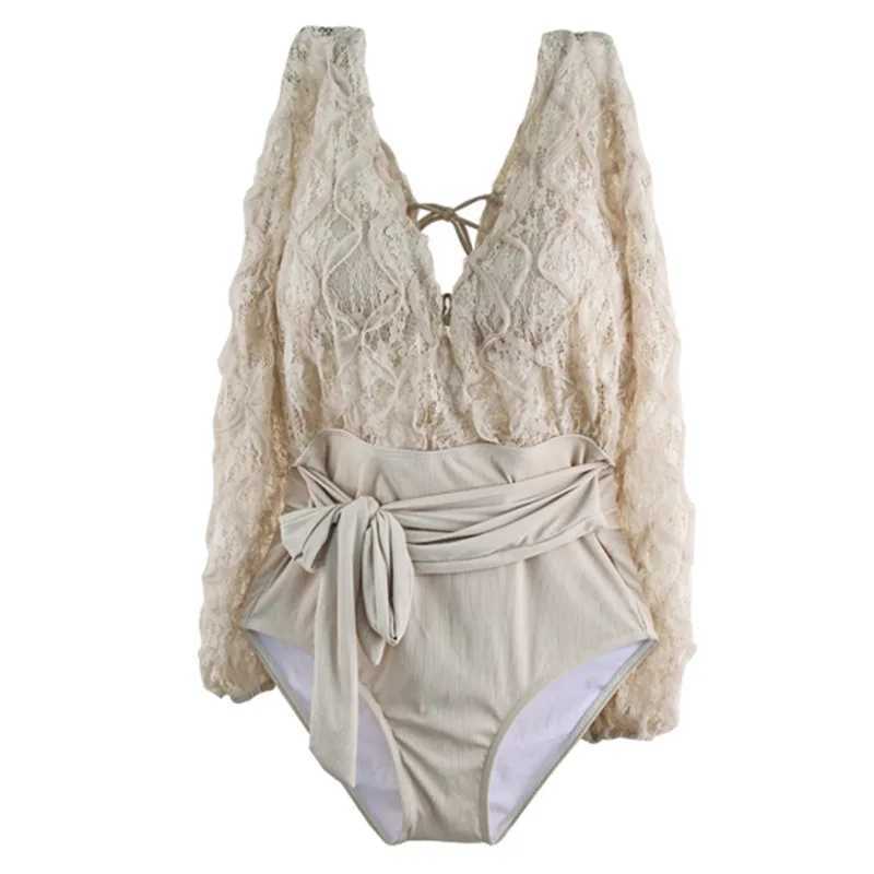 Womens one-piece swimsuit 2022 long seven section slim seaside spa resort swimsuit lace hollow sexy bikini Traje de Ba o MonokiniXJ250315