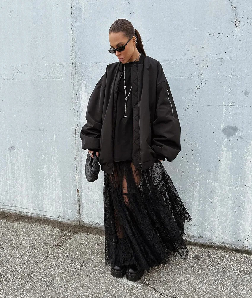 Sexy Lace Dark Perspective High Waist Skirt European Summer Fashion Mesh Long Streetwear Loose Oversize 250310
