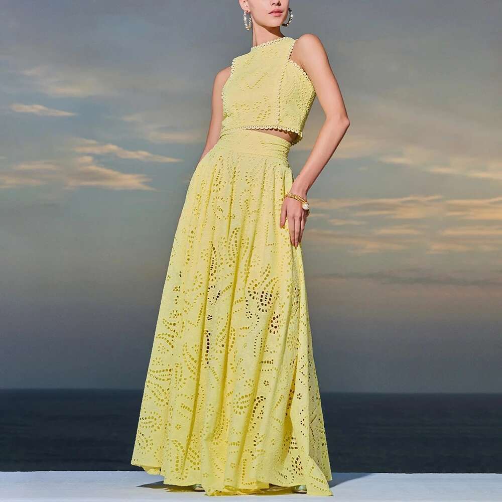 TWOTWINSTYLE Embroidery Two Piece Set For Women O Neck Sleeveless Hollow Out Top High Waist A E Skirt Slimming Sets Female