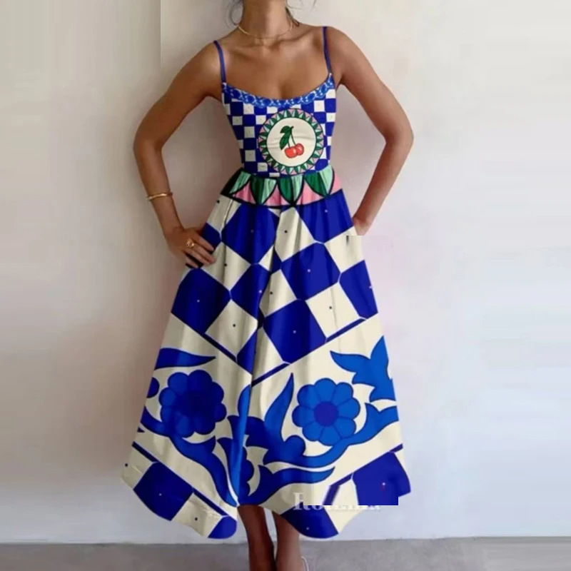 2025 Spring New Women's Clothing Elegant Printed High Waist Long Strap Dress