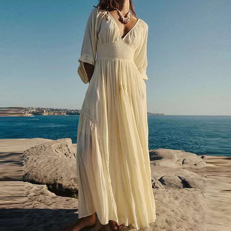 Elegant Holiday Long Fashion Deep V High Waist Pleated Desert New Summer Chiffon 3/4 Sleeve Solid Color Women Dress