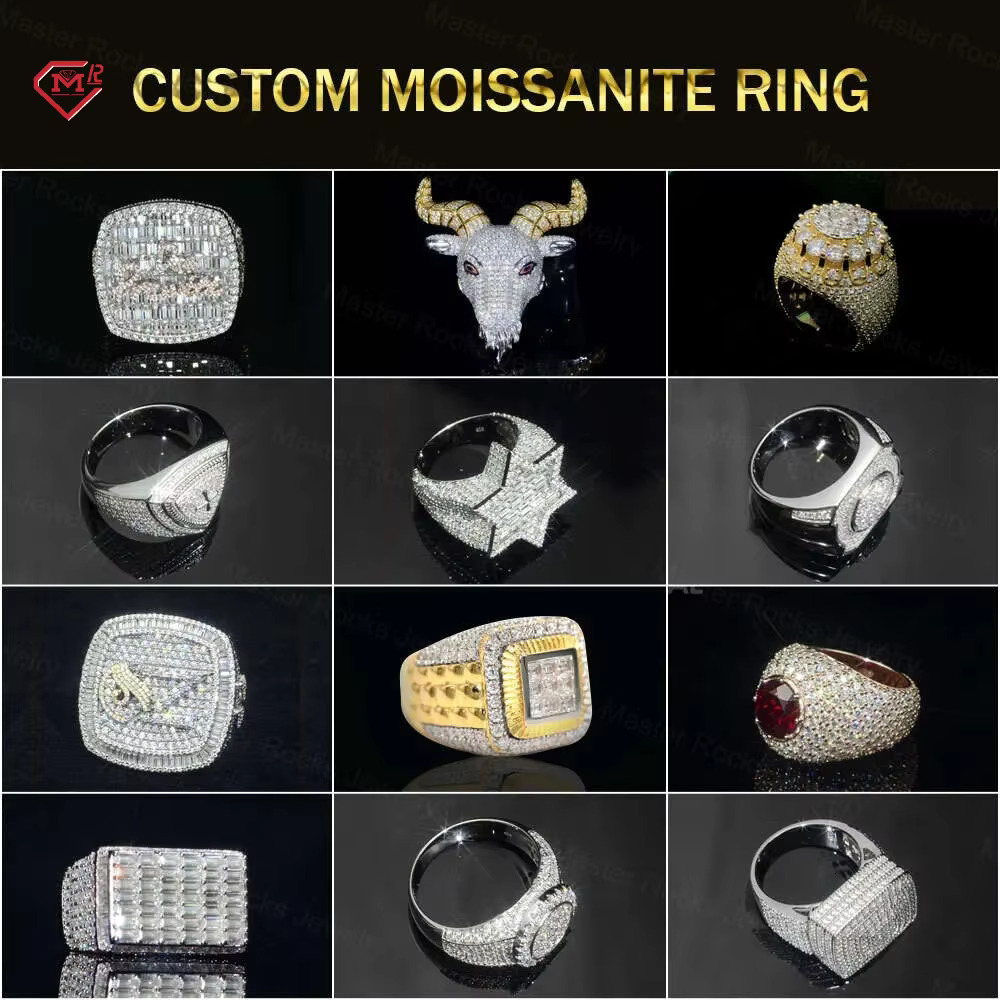 Luxury Iced Out 925 Silver Bling Moissanite Diamond Mens Ring Real Moissanite Hip Hop Ring