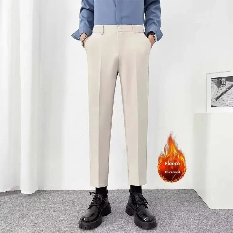 Korean style fashionable mens pants autumn and winter item ultrathin slim fit wool lining casual 250313