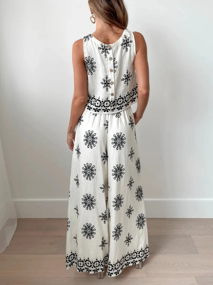 Bohemia Floral Print Loose Long Pants Set Women Casual Oneck Sleeveless TopsWide Leg Two Piece Sets Summer Beach Outfits 250313