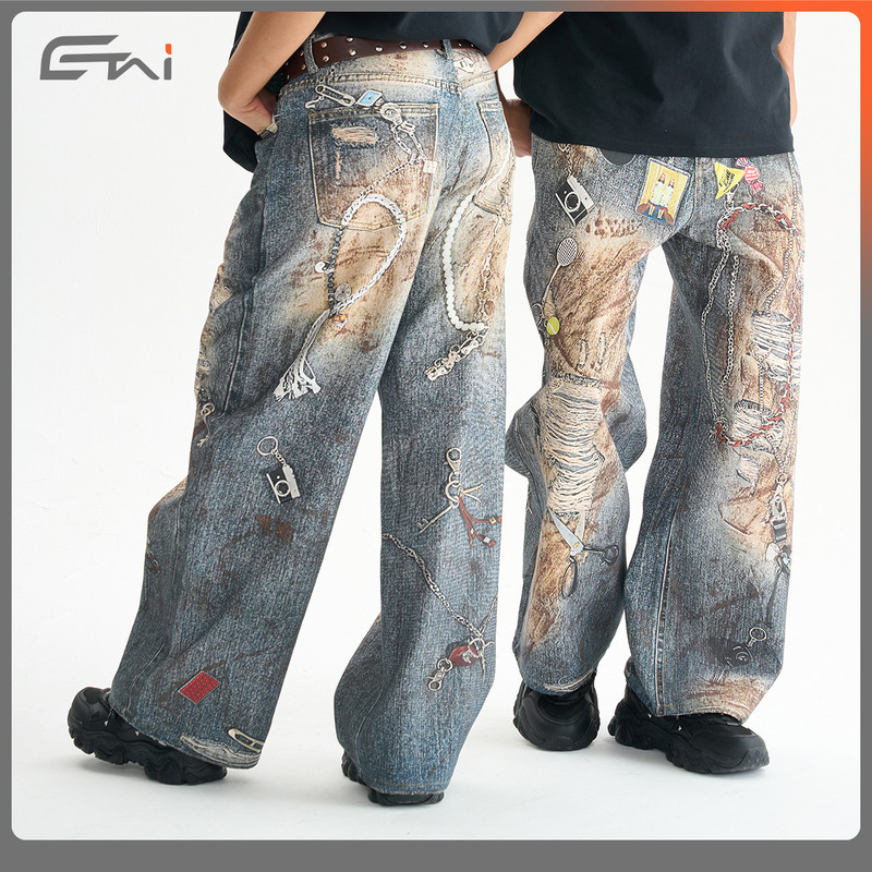 ETAI Men's Wear | New Cotton Straight Tube 3D Printed Casual Pants American Button Jeans For Men