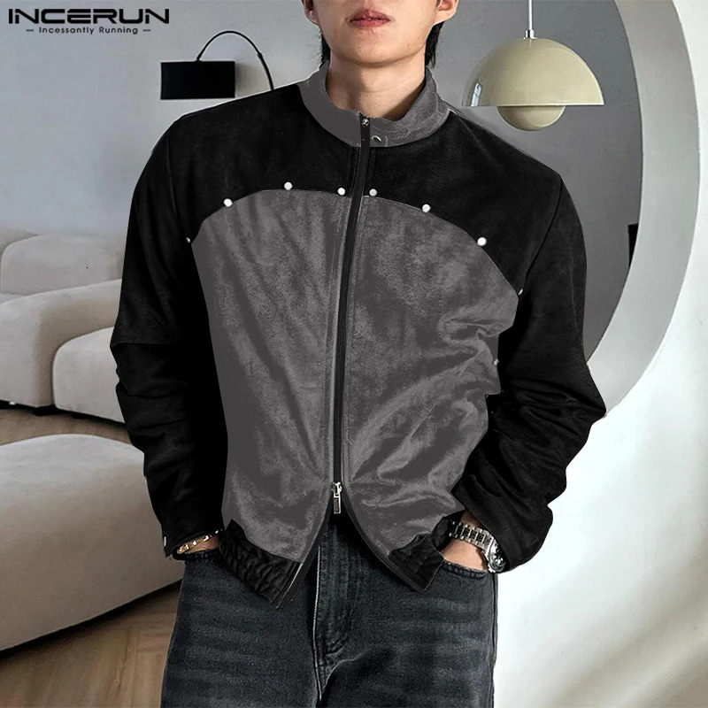 INCERUN Mens Colorblock Simple Jackets Casual Hammer n Coats Stand Collar Harajuku Long Sleeve Waistcoat 250313