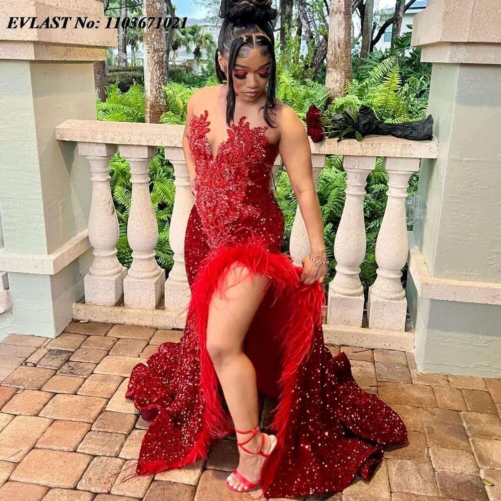 2025 custom burgundy sequins black prom girls high slit feather dais beaded party dress gala soiree robes