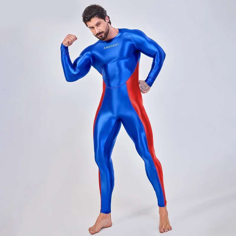 Amoresy - Smooth running suit, color blocks, long sleeves, men's one-piece sports jumpsuit, full length, shiny jumpsuit XCKNY
