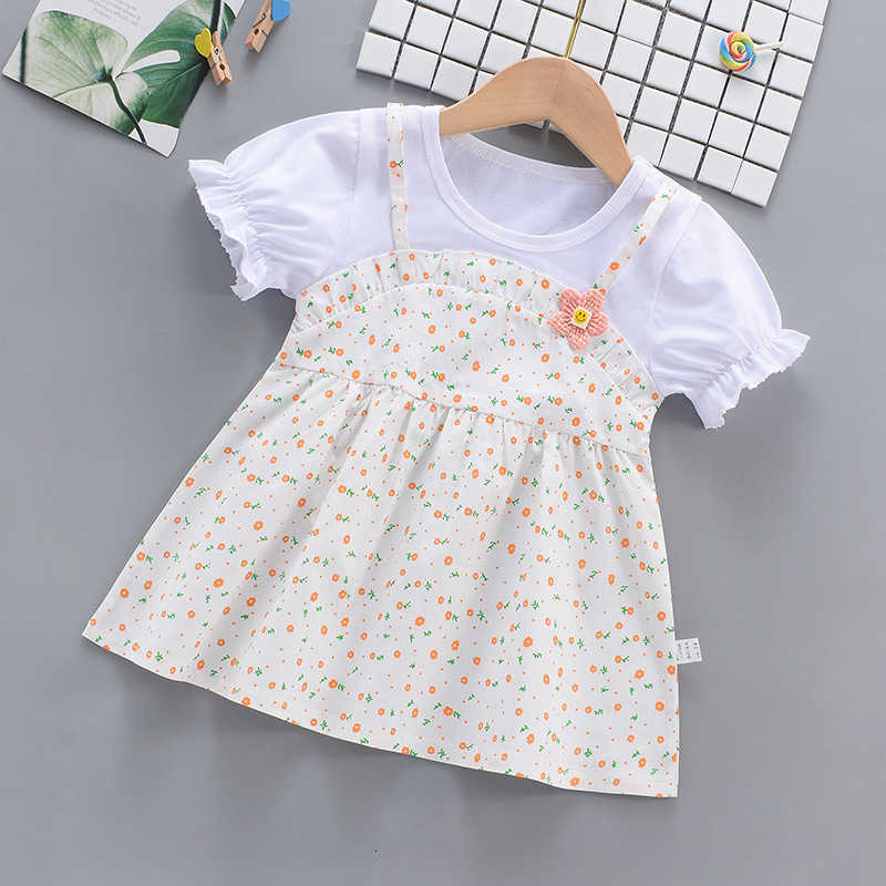 Girl's Dresses Girls' dress 2025 summer new short sleeved thin style western-style baby girl fake two-piece suspender floral dress
