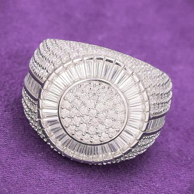 925 Sterling Silver Gra Hip Hop Iced Bling Moissanite Ring for Men Pass Diamond Tester VVS Baguette Circle Signet Iced Bling