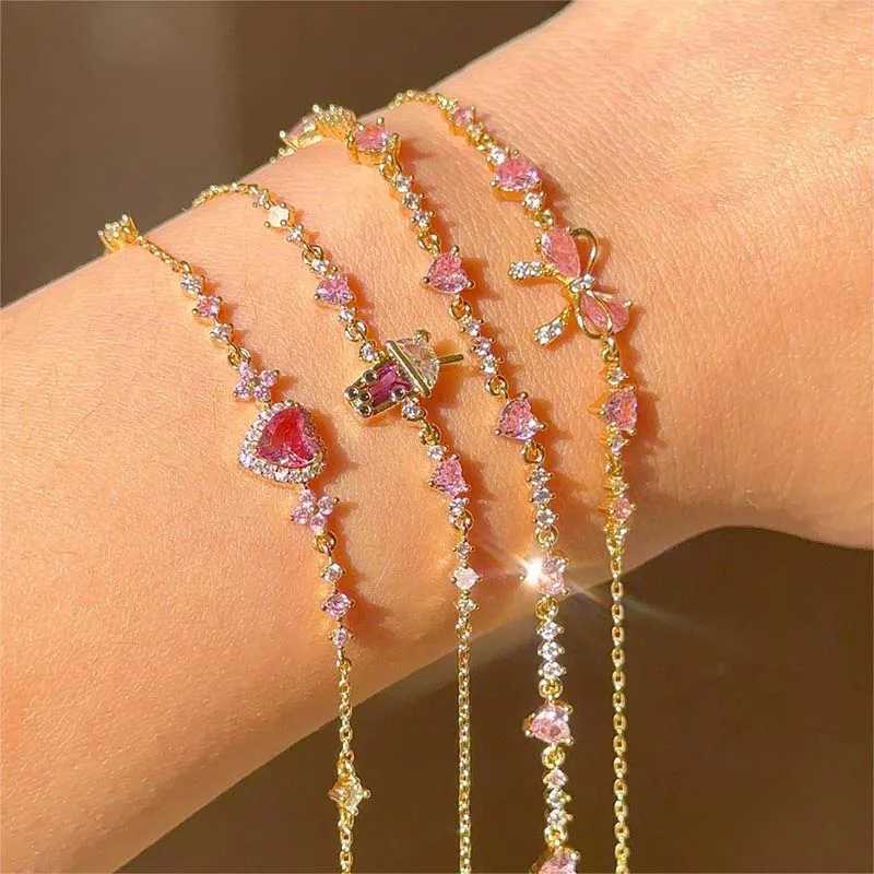 Y2K Pink Zircon Bow Heart Chain Bracelet Suitable for Womens Exquisite Sparkling Crystal Adjustable Bracelet Birtay Jewelry GiftXJ250315
