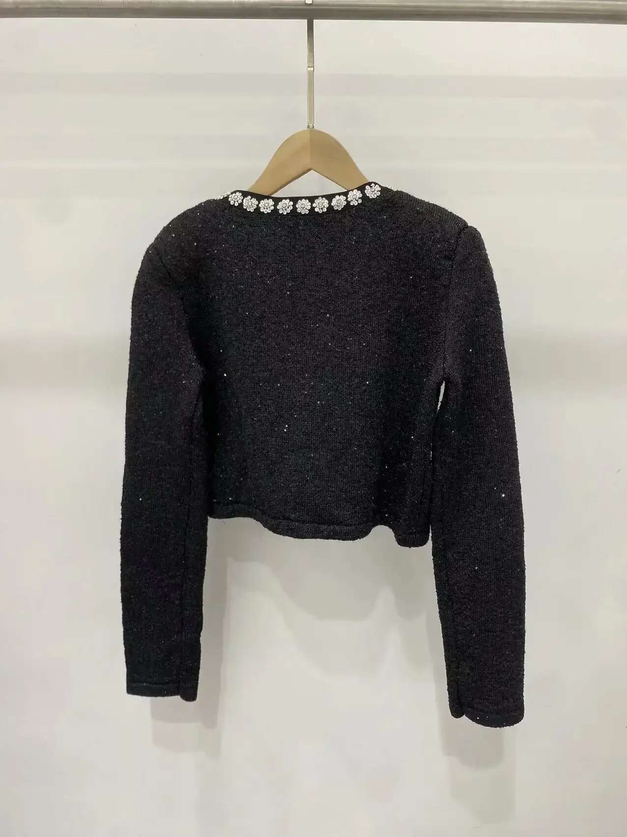 Women's Black Round-Neck Dia-Studded Two-Piece Suit, Long-Sleeved Knitted Pocket Top Or Slim-Fit Skirt