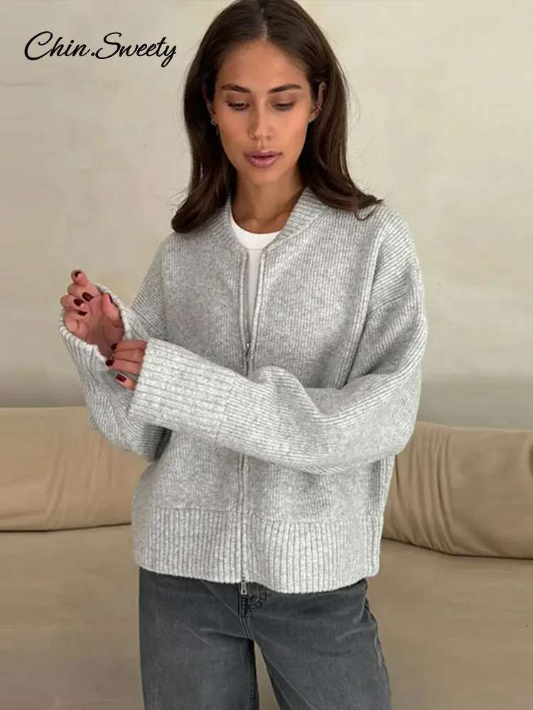 Vintage Knit Zipper Cardigan For Women Solid Loose O Neck Long Sleeve Sweater Top Female Fall Winter All-Matching Knitwear