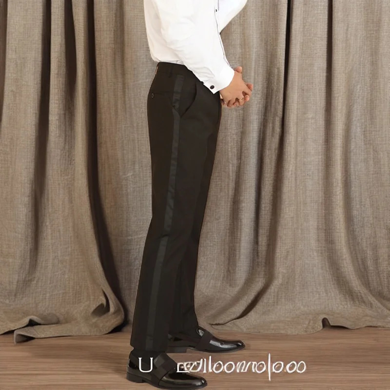 Satin striped set pants for wedding parties onepiece slim fit black formal mens Trouser official business fashion 250313