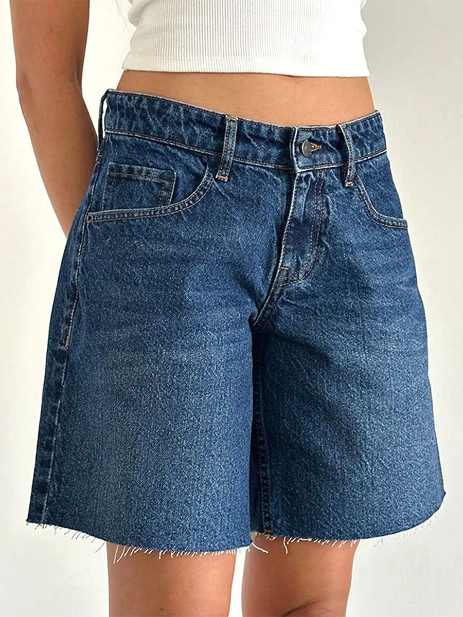 Womens Y2k bagged denim shorts with loose knee length solid color wide legs and a retro Bermuda style hem with pockets for summer 250312