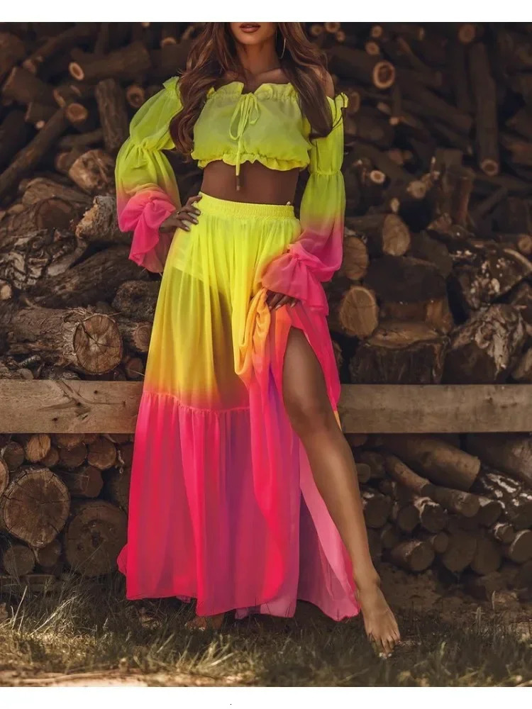 Womens SXL size fashionable half skirt set tie dye contrasting color twopiece shoulder pleated lace top 250312