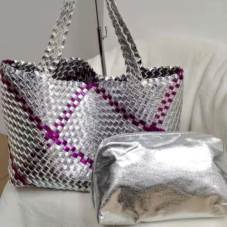 Woven Snake Pattern, Color Blocking, Handmade Woven Handbag, Single Shoulder Mother Beach Tote Bag, Shopping Bag