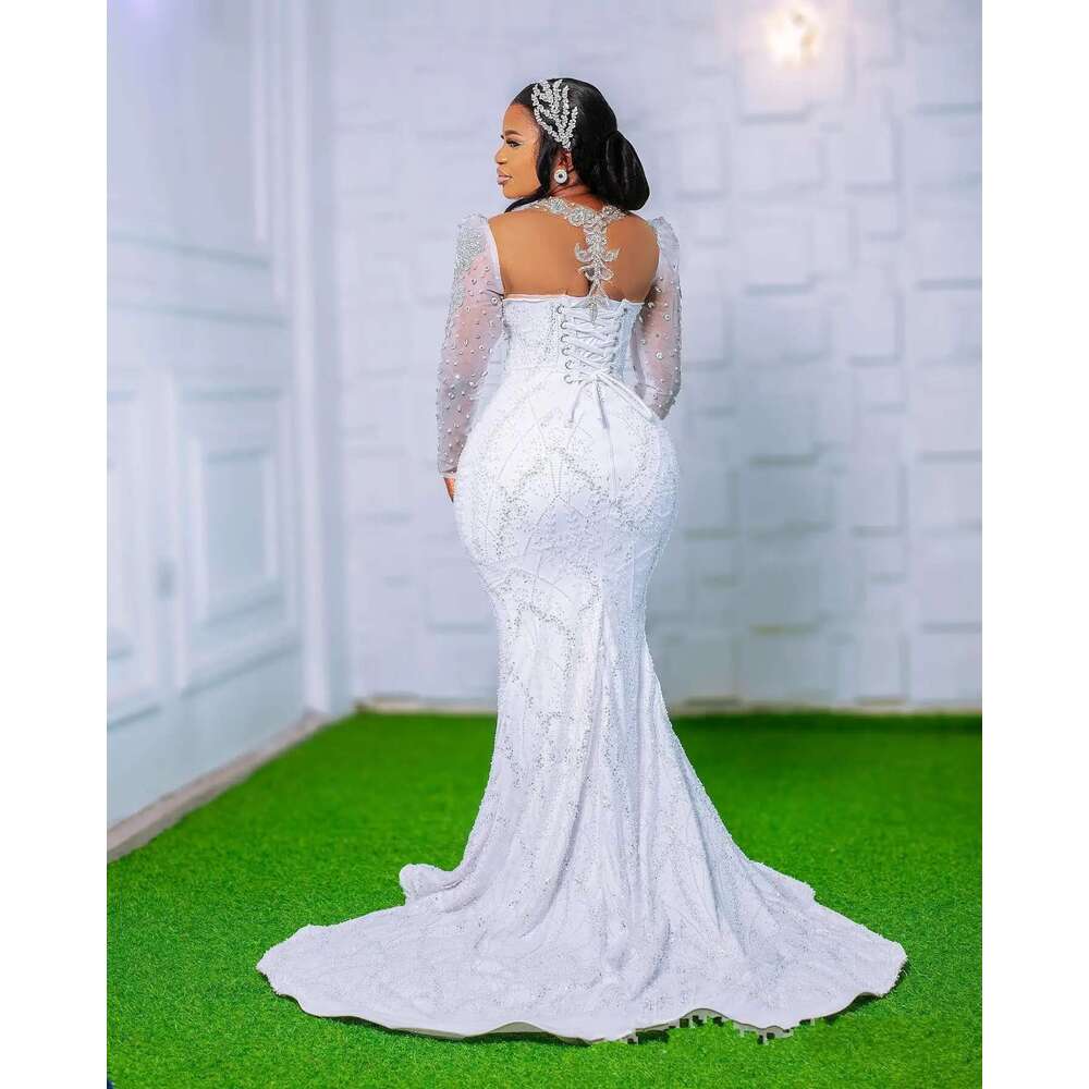 Personalized Illusion Collar High Beads Handmade Pearls Mermaid Detachable Skirt Cascading Ruffles Wedding Dress