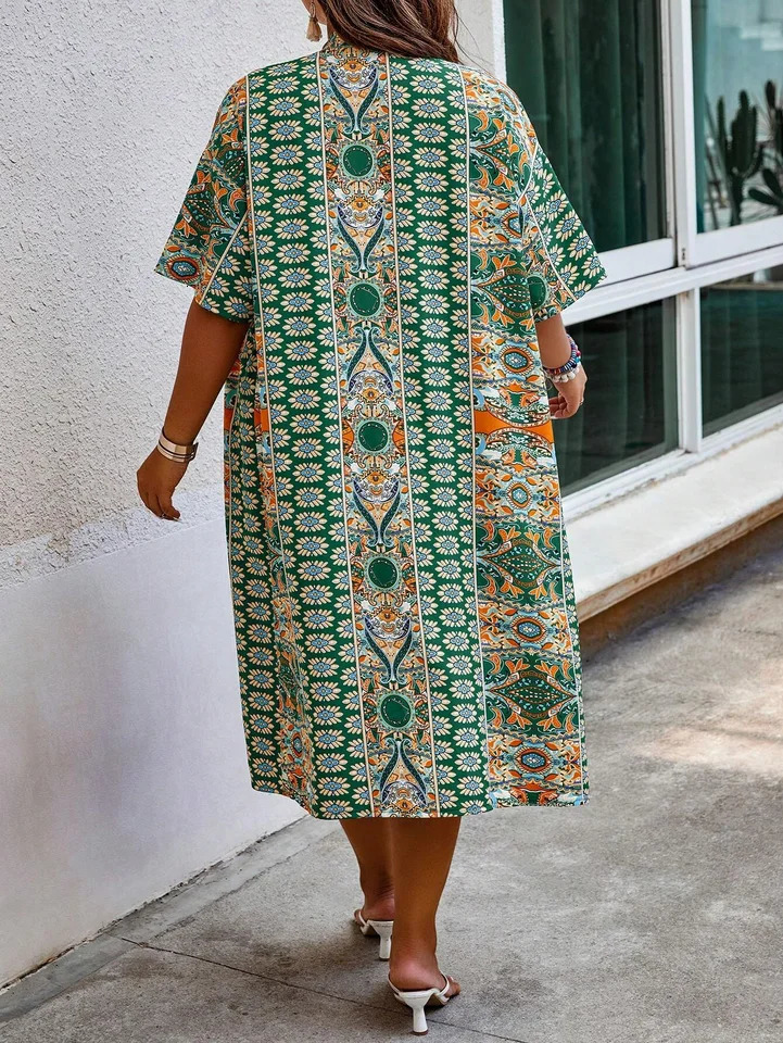 Womens plus size printed twopiece set featuring Bohemian open front kimono short sleeves and 250313