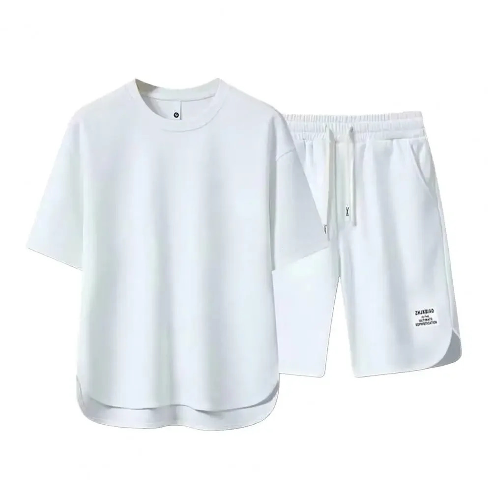 Men Sportswear Set Mens Summer Outfit Set O-neck Short Sleeve T-shirt Drawstring Waist Wide Leg Shorts Activewear Set 2pcs/set 250310
