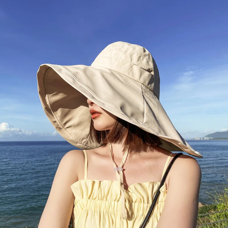 Large Brim 18cm Sun Hat with String Women UV Protection Female Outdoor Fisherman Cap Fold Summer Beach Solid Bucekt Hat 250314