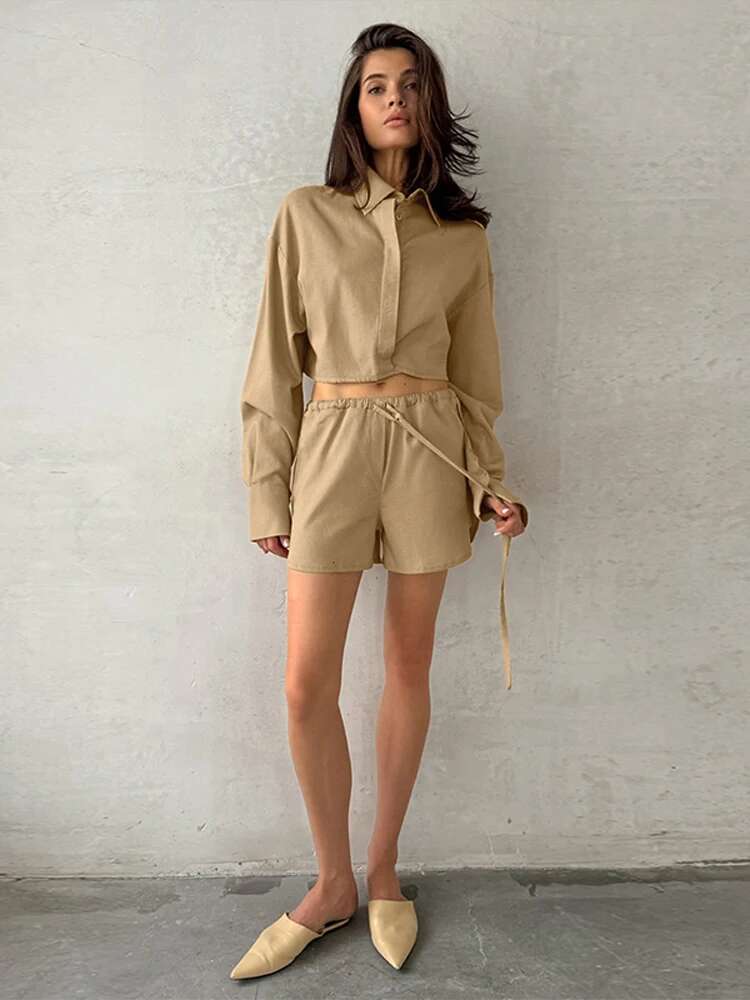 Women Two Pieces Sets Elegant Lapel Single Breasted Full Sleeve Lace Up Waist Shorts Female Suit 2025 Summer Lady Streetwears